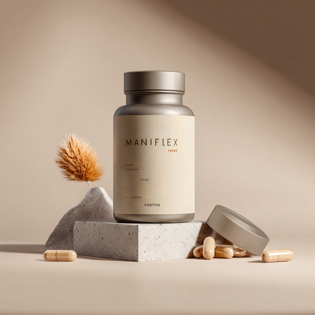 Maniflex bottle with natural herbs and ingredients in realistic style, professional pharmaceutical packaging in dark turquoise and navy colors